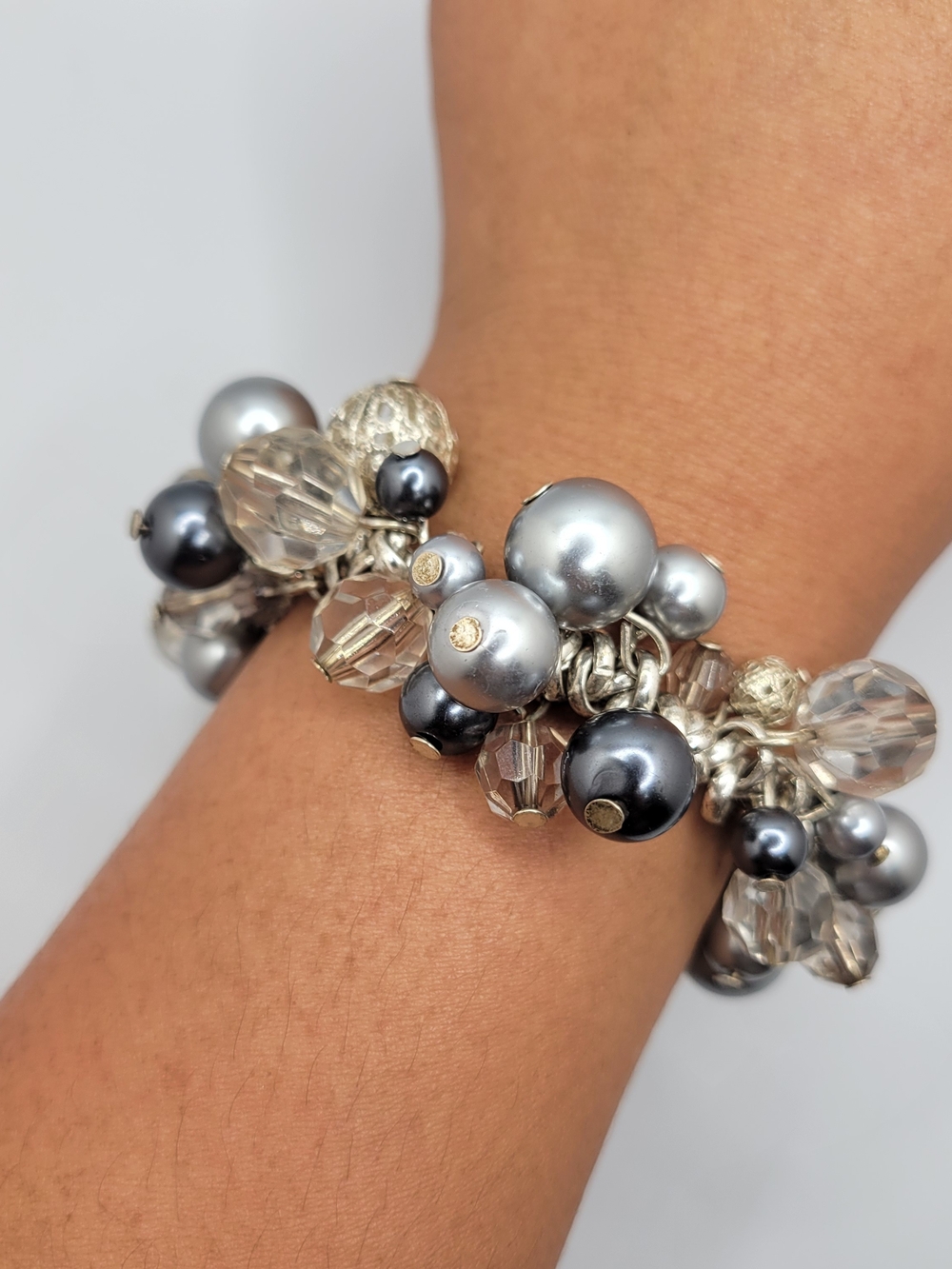 Silver & Gray Pearl Cluster Stretchy Bracelet - Women's Jewelry